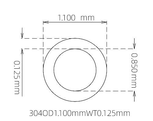 304 Stainless Steel Capillary Tube – 1.100mm OD x 0.850mm ID x 0.125mm Wall