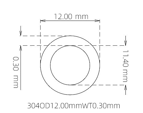 304 Stainless Steel Capillary Tube – 12.00mm OD x 11.40mm ID x 0.30mm Wall