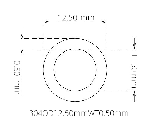 304 Stainless Steel Capillary Tube – 12.50mm OD x 11.50mm ID x 0.50mm Wall