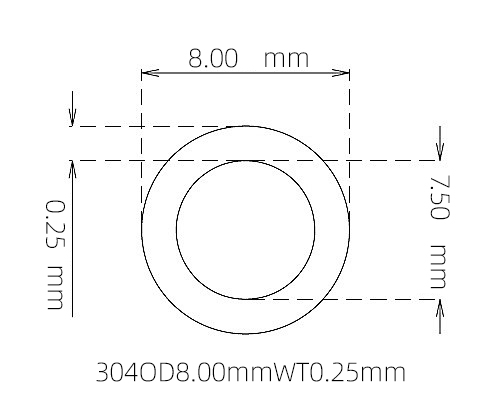 304 Stainless Steel Capillary Tube – 8.00mm OD x 7.50mm ID x 0.25mm Wall