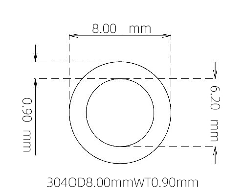 304 Stainless Steel Capillary Tube – 8.00mm OD x 6.20mm ID x 0.90mm Wall