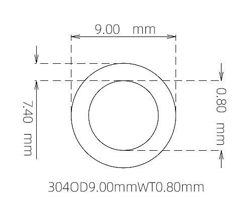 304 Stainless Steel Capillary Tube – 9.00mm OD x 7.40mm ID x 0.80mm Wall